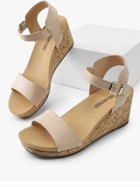 Dream Pairs Light Beige Open-Toe Wedge Sandals with Ankle Buckle
